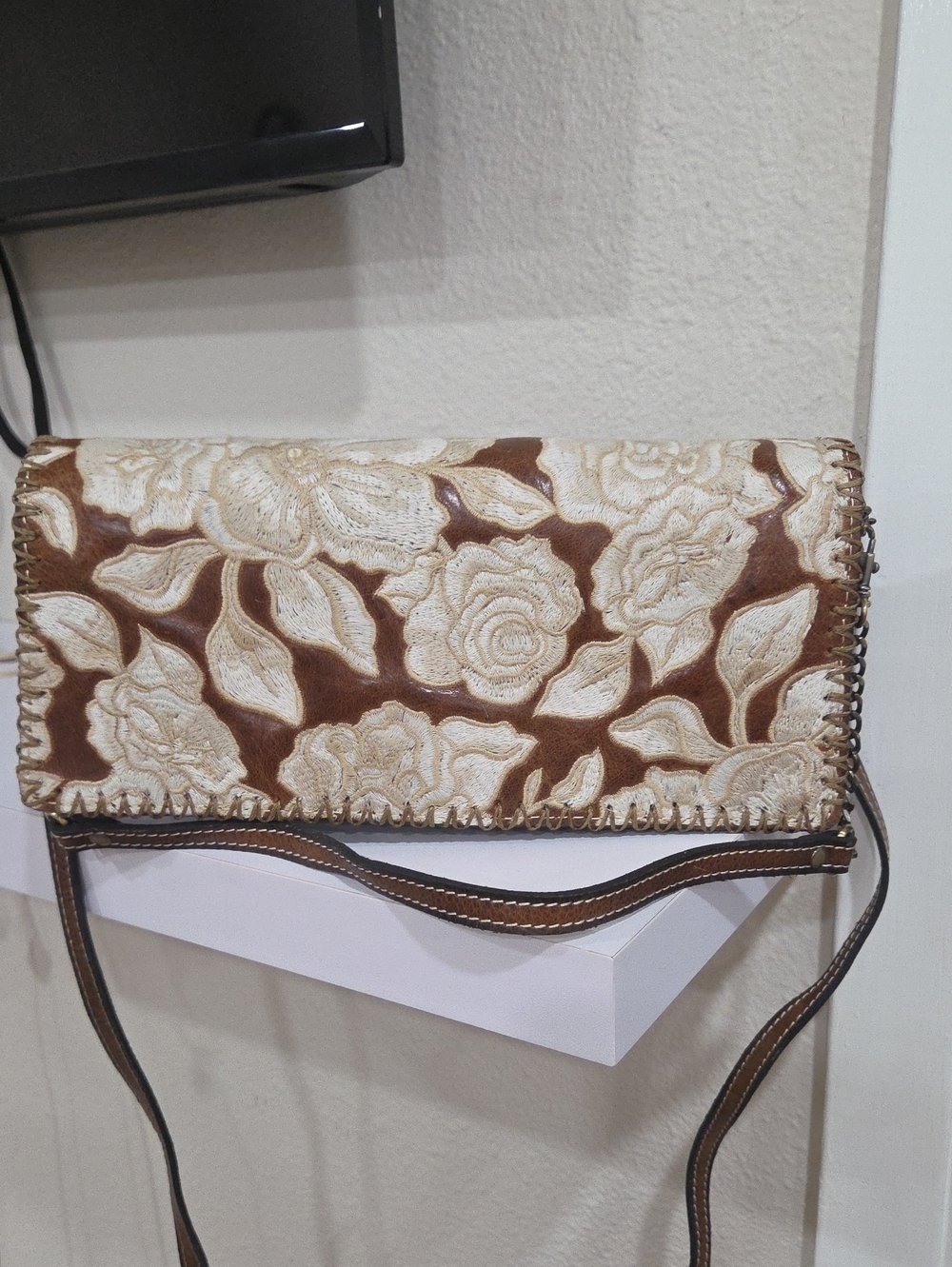 Patricia Nash Brown Floral Hand Embroidered Crossbody Bag - Unbranded